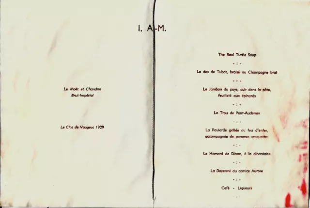 Verso 1930 Menu Pergamena Pont-Audemer,Dinan ,Clos Da Vougeot 1929,Moet & Chand