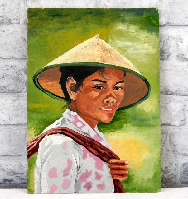 ORIGINAL VINTAGE PORTRAIT Painting 1960s Chinese Asian Lady Mid Century ...
