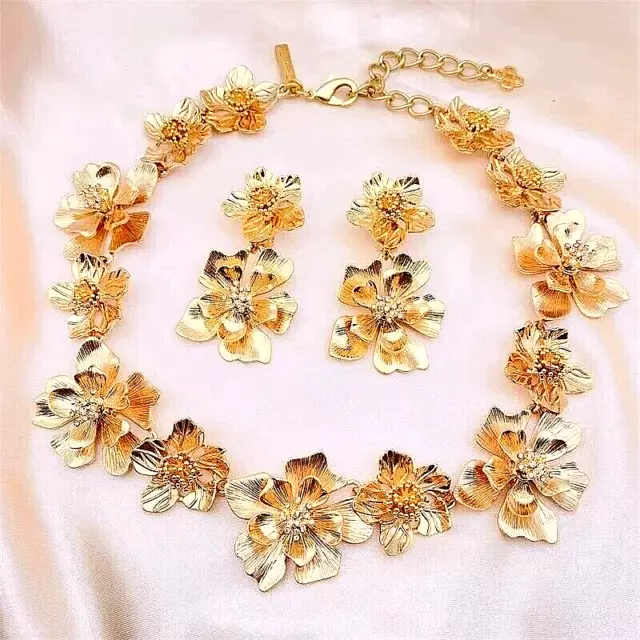 OSCAR DE LA RENTA Gold Plate, crystal Stamens Flower Necklace & clip Earring Set