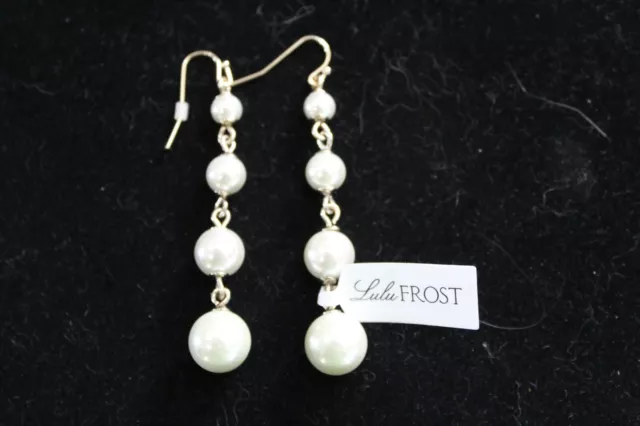 Lulu Frost Pear Dangle Pierced Earrings 4 Pearls 2.75" Ivory Satin Luster NWT