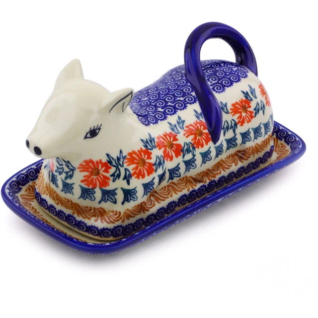 Polish Pottery Butter Dish 8" Red Cornflower