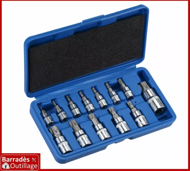 Coffret / Jeu 13 embouts Torx sur douilles - T8 à T70 - Carré : 1/4", 3/8",1/2"