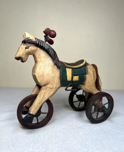 Vintage Folk Art Primitive Style Wooden Horse On Wheels Hand Crafted & Painted