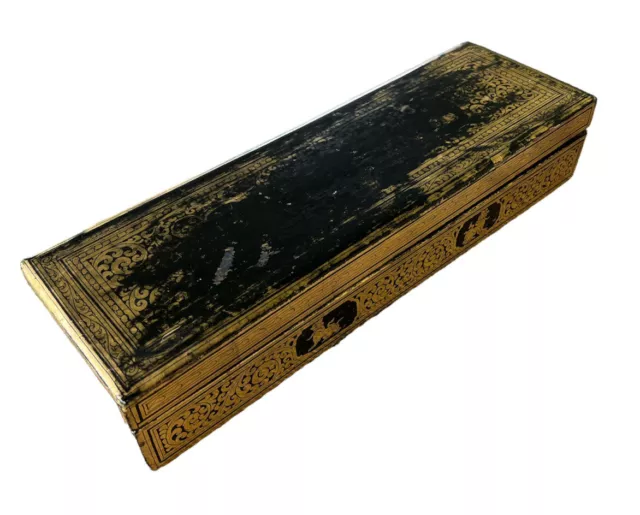 Vintage Burmese Black & Gold Lacquerware Prayer Box