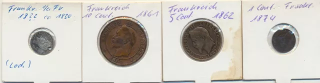 Frankreich Lot 4 versch. Münzen um 1850  1 Centimes - 1/4 Franc