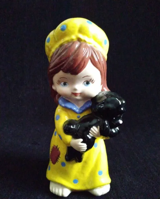 Vintage Ceramic Girl Holding Black Dog Large 8" Figurine Hobbyist Initialed CUTE