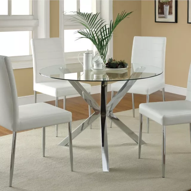 Tempered Clear Glass Round Dining Table With Chrome Cross Legs Kitchen Furniture