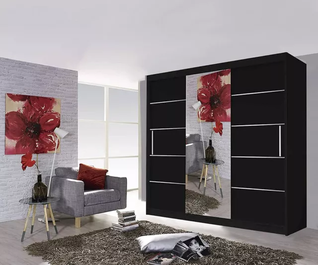 Oslo Black Modern Mirror sliding door wardrobe with LED