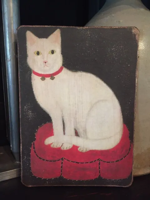 Handmade Primitive Kitty Cat Folk Art Print on Canvas Board 5x7"  2