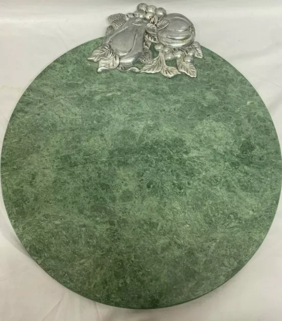 Green Marble Round  Pewter Metal Fruit Cheese Serving Cutting  Board 13 3/4 "