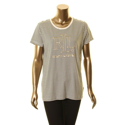LAUREN RALPH LAUREN NEW Women's Foil Logo Print Striped Casual Shirt Top L TEDO