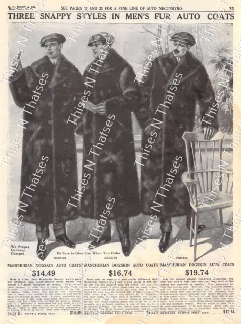 Vtg Paper Ad Macy's Men's Fur Auto Coats Driving Goggles Fur Motoring Hats 1911