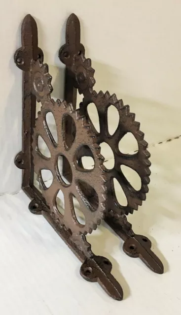 2 pc GEAR STEAMPUNK BRACKET vintage industrial look rustic antique brown patina 3