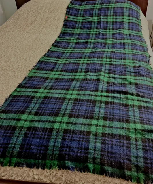 Large Merona Scarf Wrap Blanket Blue Green Plaid Soft Fringe Reversible 80"x 30"