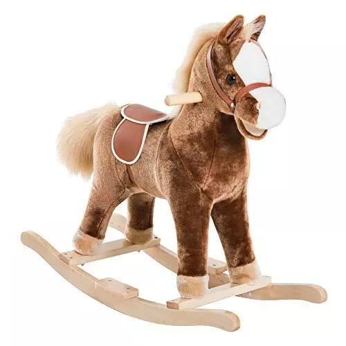 Kids Rocking Horse, Plush Toddler Rocker, Wooden Base Ride-On Toy with Handle