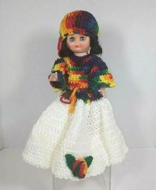 Vintage 1970's Crocheted Doll With Rainbow Colored Dress & Hat