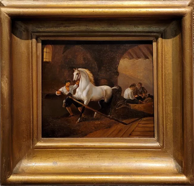 Flemish School -White Horse in Stable w/ Handler-19th century Oil painting