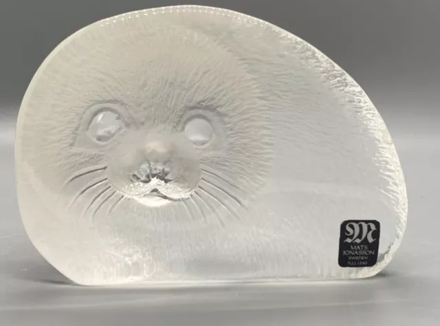 VTG Mats Jonasson Full Lead Frosted Crystal Baby Seal Paperweight Signed Sweden