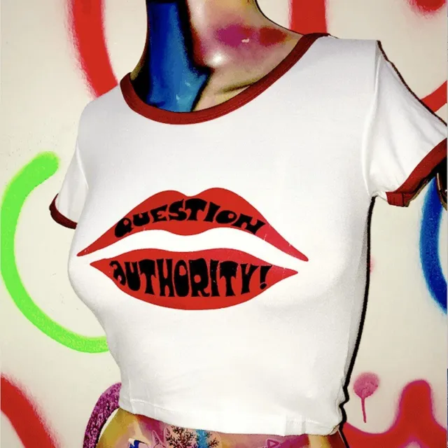 Question Authority Print Crop Top Summer Casual White Red Lips Short Sleeve Tee