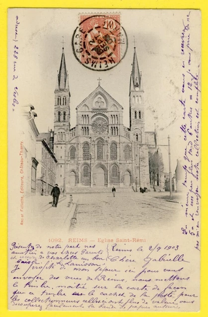 cpa Philatélie seal and stamp between the BELL TOWERS of the CHURCH St RÉMI of REIMS