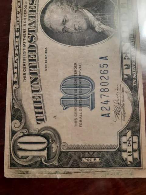 1934-A 10 Dollar Silver Certificate  Blue Seal Note #A24780265A In Holder 2