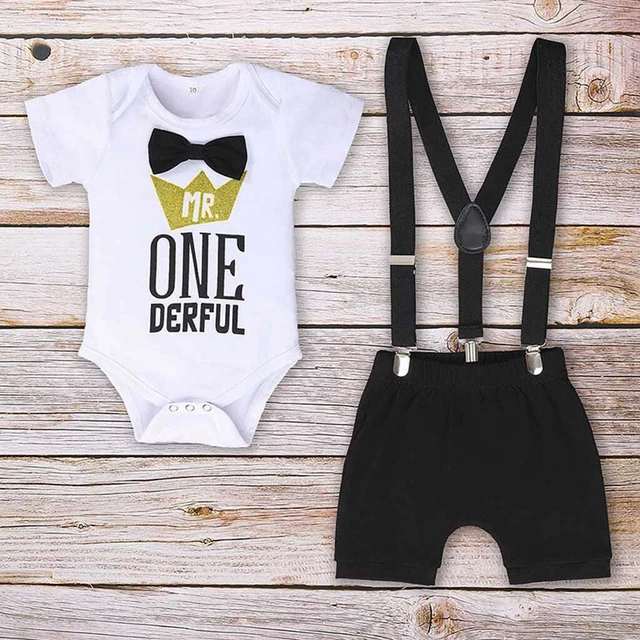 Newborn Infant Baby Boys Letter Gentleman Birthday Romper Straps Shorts Outfits