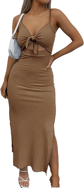 LYANER Women's Tie Knot Cut Out Side Split Hem Sleeveless Knit Bodycon Maxi Dres