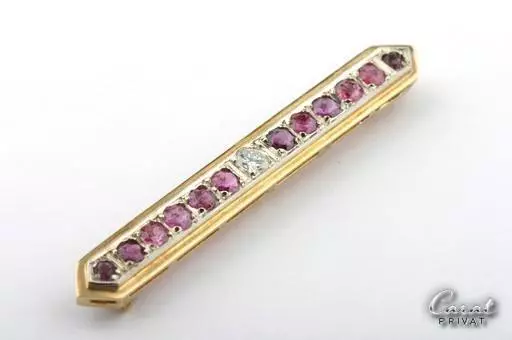 Rubinbrosche 14kt 585 Gelbgold 12 Rubine Diamant Antikschmuck Art Deco -