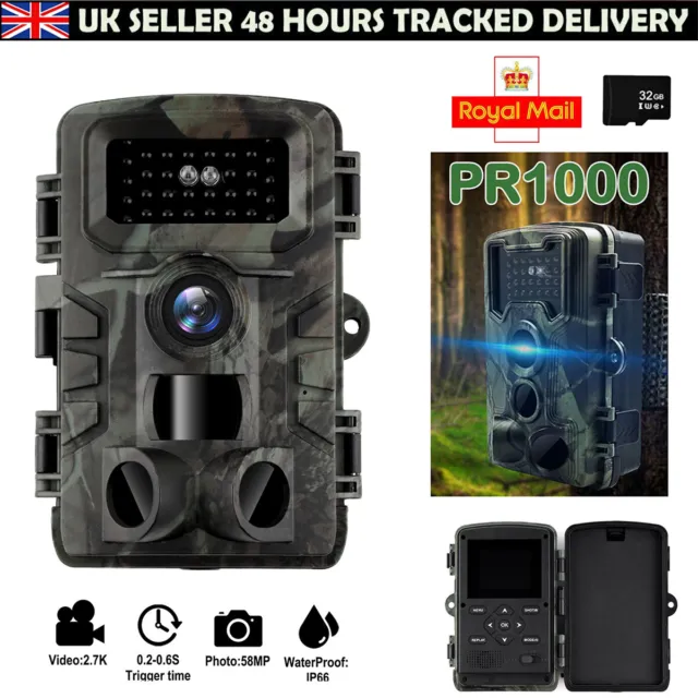 58MP Wildlife Trail Camera 1080P HD Outdoor Night Vision Motion Hunting Cam 32GB