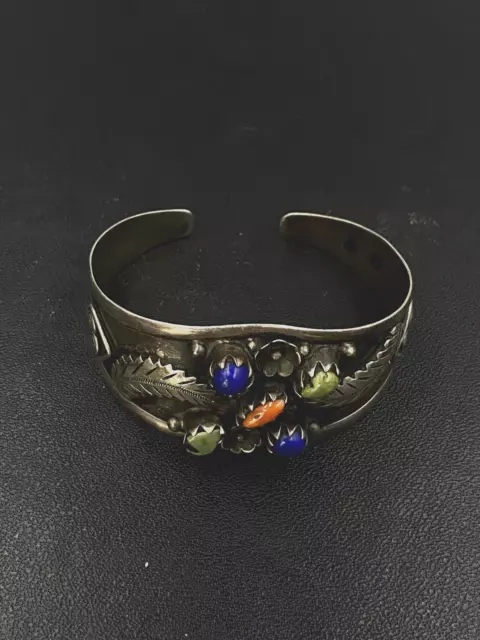 Old Pawn Navajo Sterling Silver Turquoise Coral , Lapis Cuff Bracelet Feathers 3