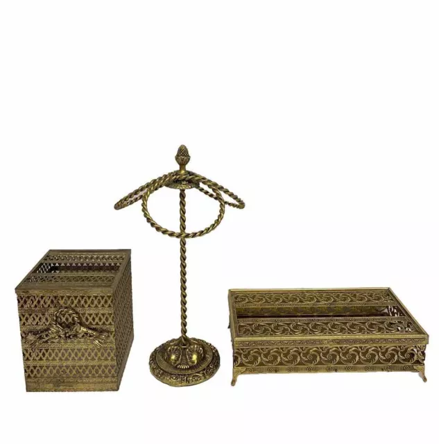 Vintage Hollywood Gold Filigree Towel Holder & Tissue Box Set