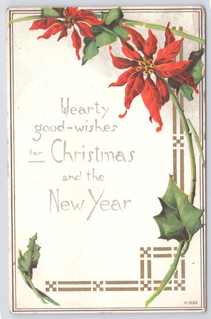 Christmas~New Year~Good Wishes Under Red Poinsettias~Art Deco Gold~Emb~Vtg PC