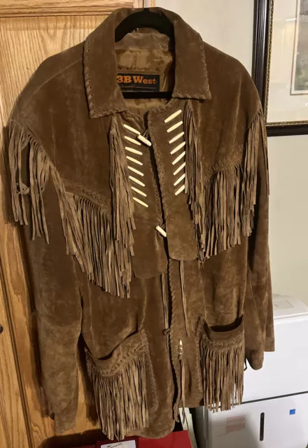 3B West Men's Western Fringed Cowboy and Beaded Native Suede Leather Jacket XL