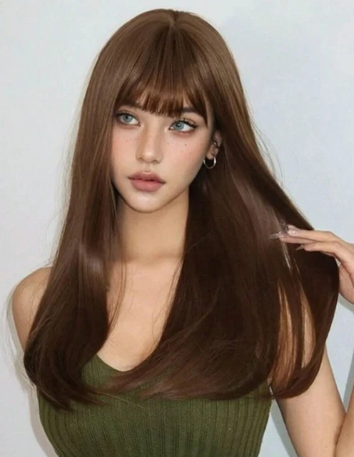 Perruque Longue Synthétique Brune Foncée Avec Frange - Bonnet Ajustable - Neuf
