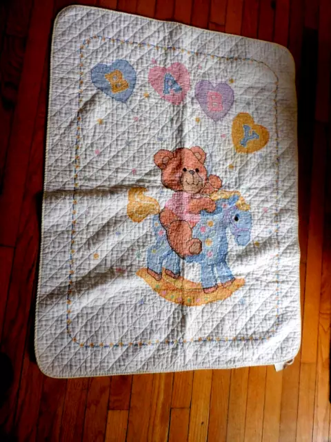 vintage cotton  baby quilt embroidered with bear riding rocking horse  32x 44