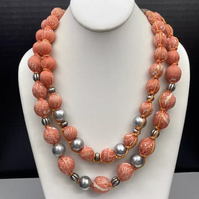 Cold Water Creek Fabric Wrapped Beaded Modern Necklace Boho Peach Silvertone