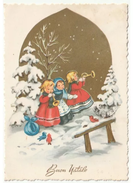 1960 cartolina Buon Natale vintage neve strada bambini musica natalizia uccelli