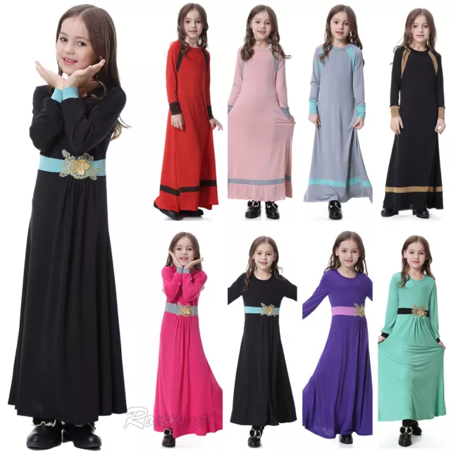 Dubai Muslim Kids Girls Maxi Dress Robe Long Sleeve Kaftan Abaya Islamic Clothes