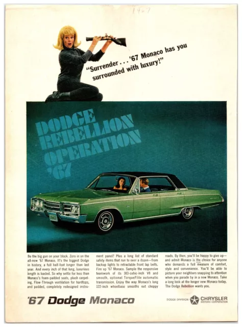 Original 1967 Dodge Monaco Car - Original Print Ad (8x11) *Advertisement*