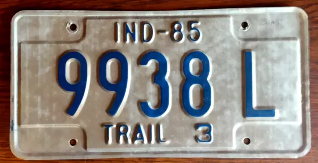 Indiana 1985 Blue White Metal Expire License Plate Tag 9938L Trail 3 Trailer