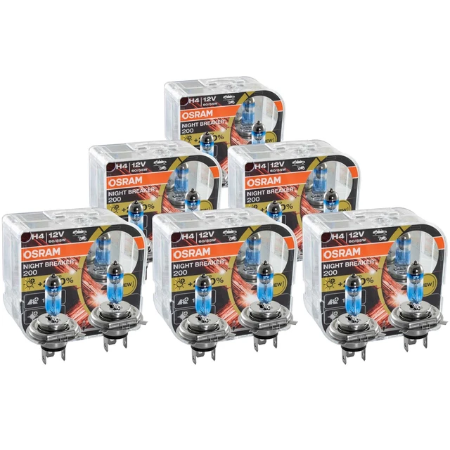 6x OSRAM Nuit Breaker 200 H4 Duobox Jusqu'À 200% Plus de Lumière 3900 K.
