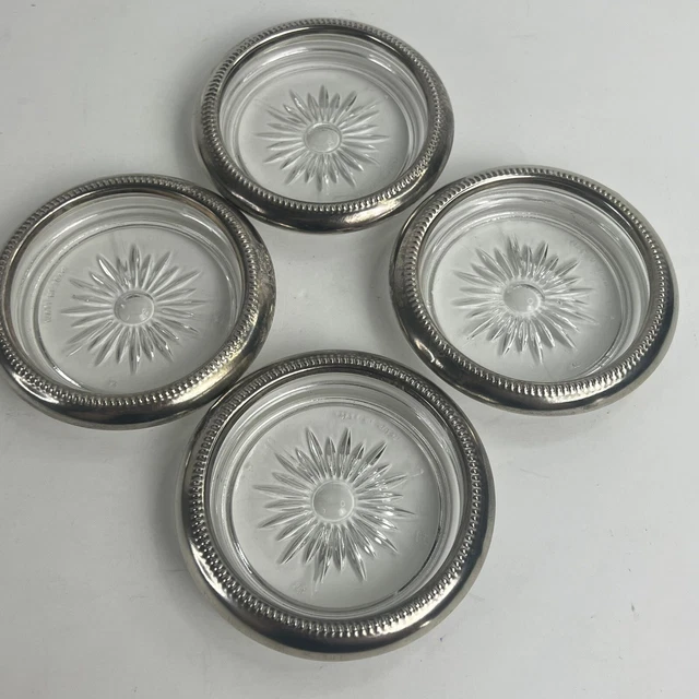 Vintage Silver Plated & Starburst Pattern Crystal Coasters - Set of 4 Leonard