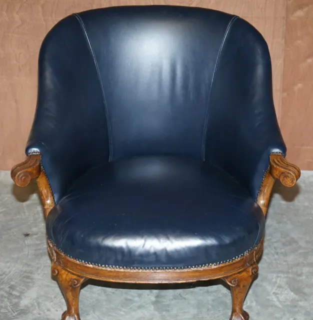 Antique Regency Circa 1810-1820 Claw & Ball Oak Framed Blue Leather Armchair 3