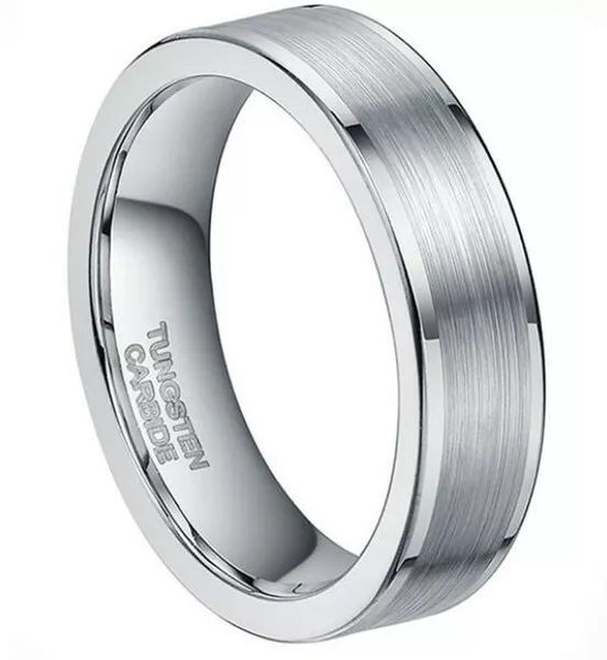 Tungsten Carbide Men's Silver Beveled Edges 6MM Brushed Wedding Ring Band M131