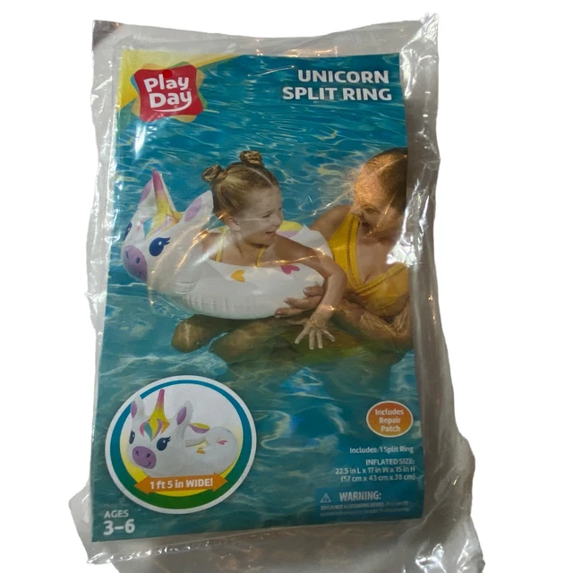 PLAY DAY INFLATABLE White Unicorn Hearts Split Swim Ring Pool Float ...