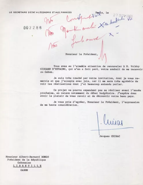 Autographe 1969 JACQUES CHIRAC Secret. d'Etat aux Finances s/lettre dactylograph