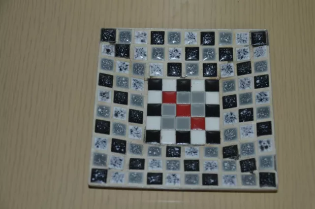 Mid-Century  Mosaic Ceramic Tile Square Dish black ,red,grey,white 