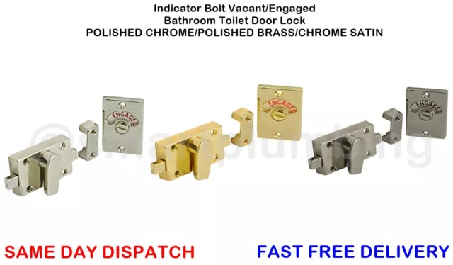 Indicator Bolt Vacant/Engaged Bathroom Toilet Door Lock CHROME/BRASS/SATIN *NEW*