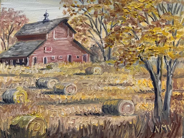 BARN AND HAY BALES  Original Oil Landscape Painting ART Fall AUTUMN COUNTRY Art