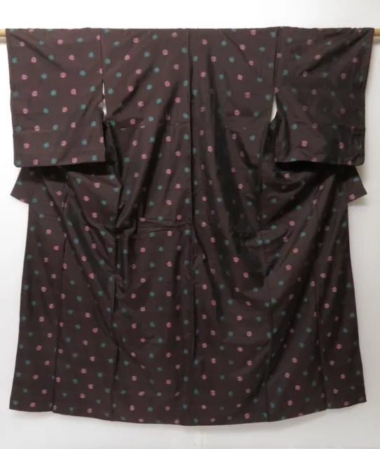 0604T03z600 Vintage Japanese Kimono Silk MEISEN KOMON Dark brown Dot